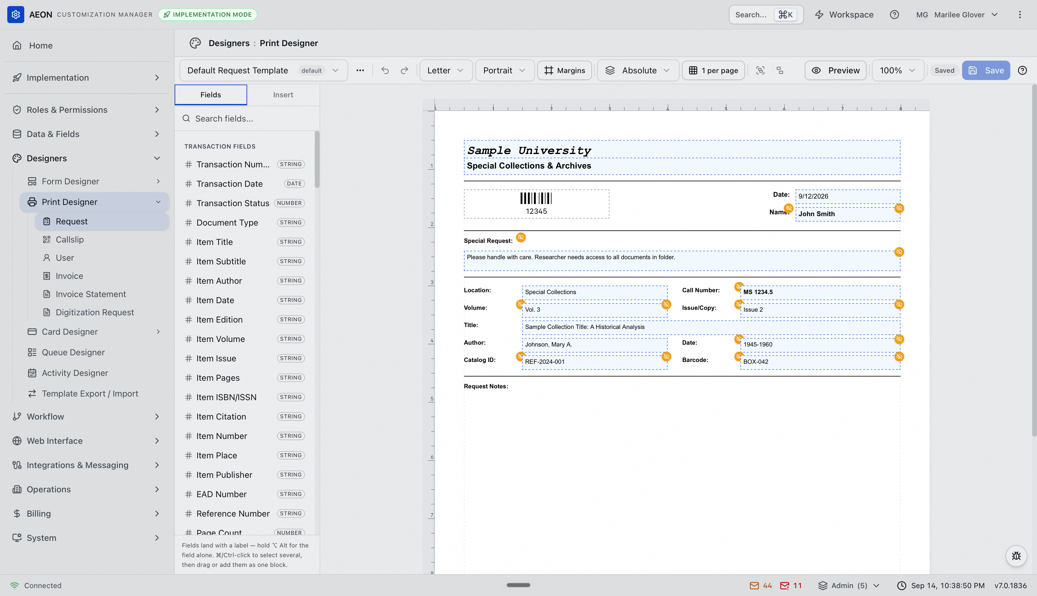 The Print Designer editing a request slip — the toolbar, the Fields tab, and the slip on the canvas, with amber markers on fields set to hide when empty