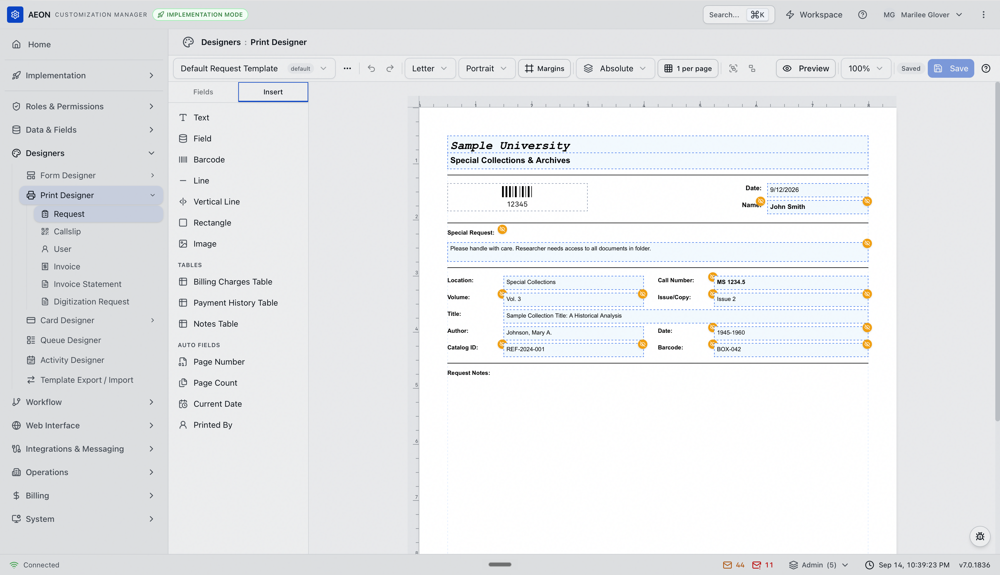 The Insert tab — the element list, a Tables group, and an Auto Fields group