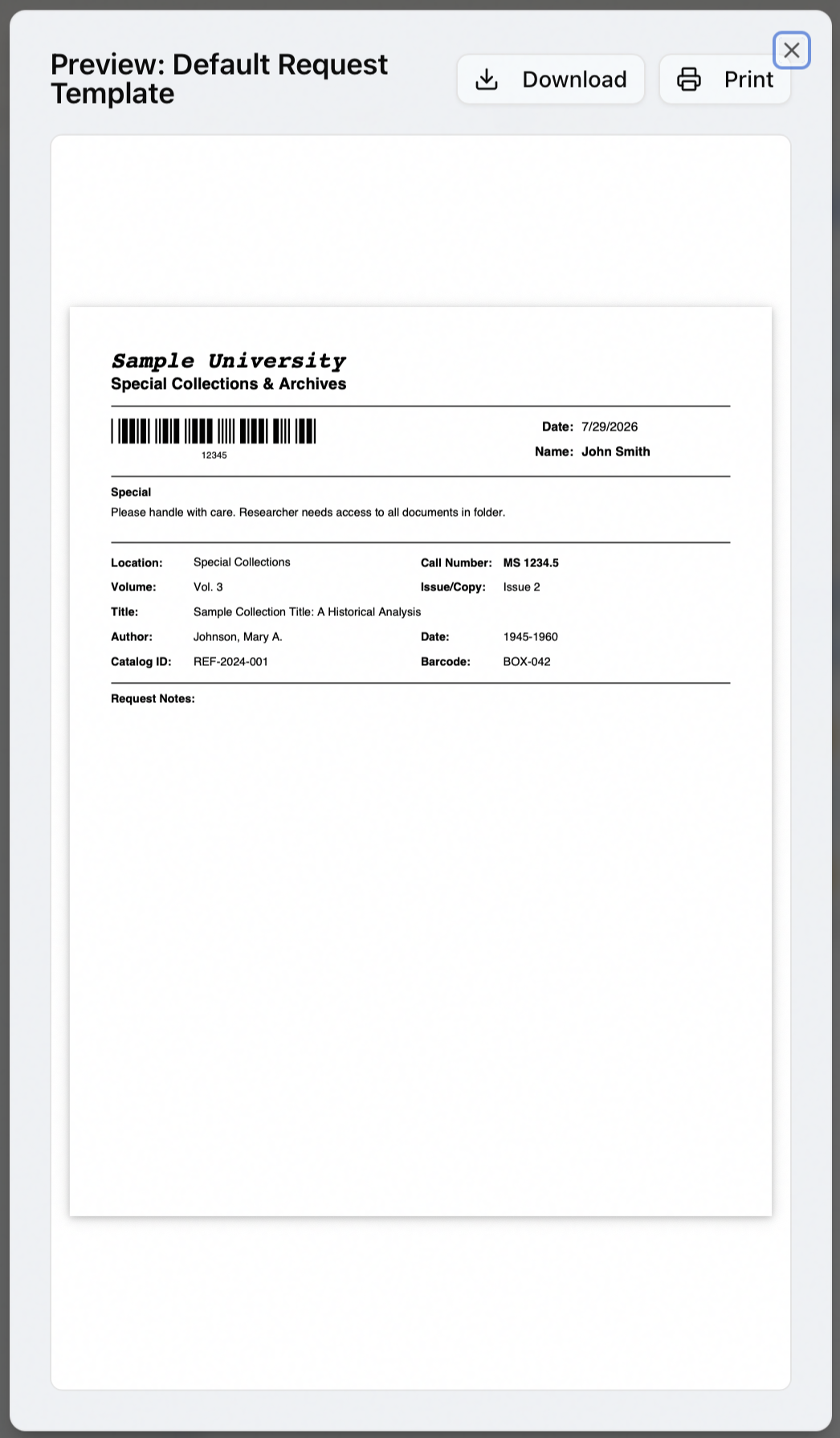 The Preview dialog rendering the request slip to PDF with Download and Print buttons