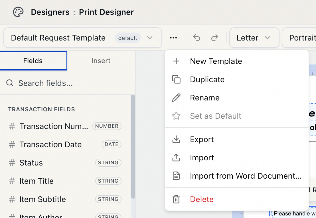 The template menu — New Template, Duplicate, Rename, Set as Default, Export, Import, Import from Word Document, and Delete