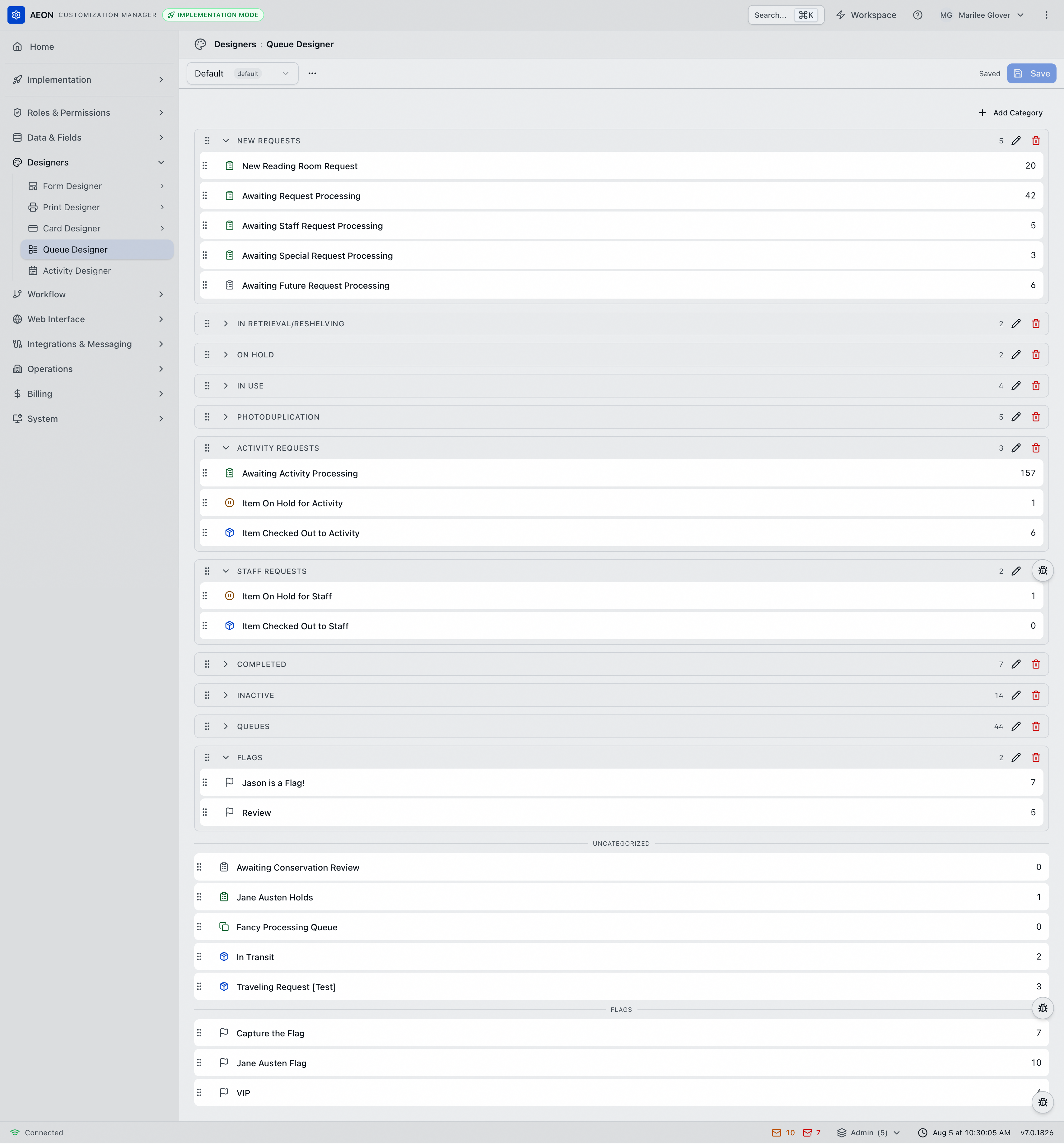 The Queue Designer with the Default template selected, showing categories such as New Requests, Activity Requests and Flags, each holding queues and flags with live counts, and the Uncategorized and Flags groups at the end