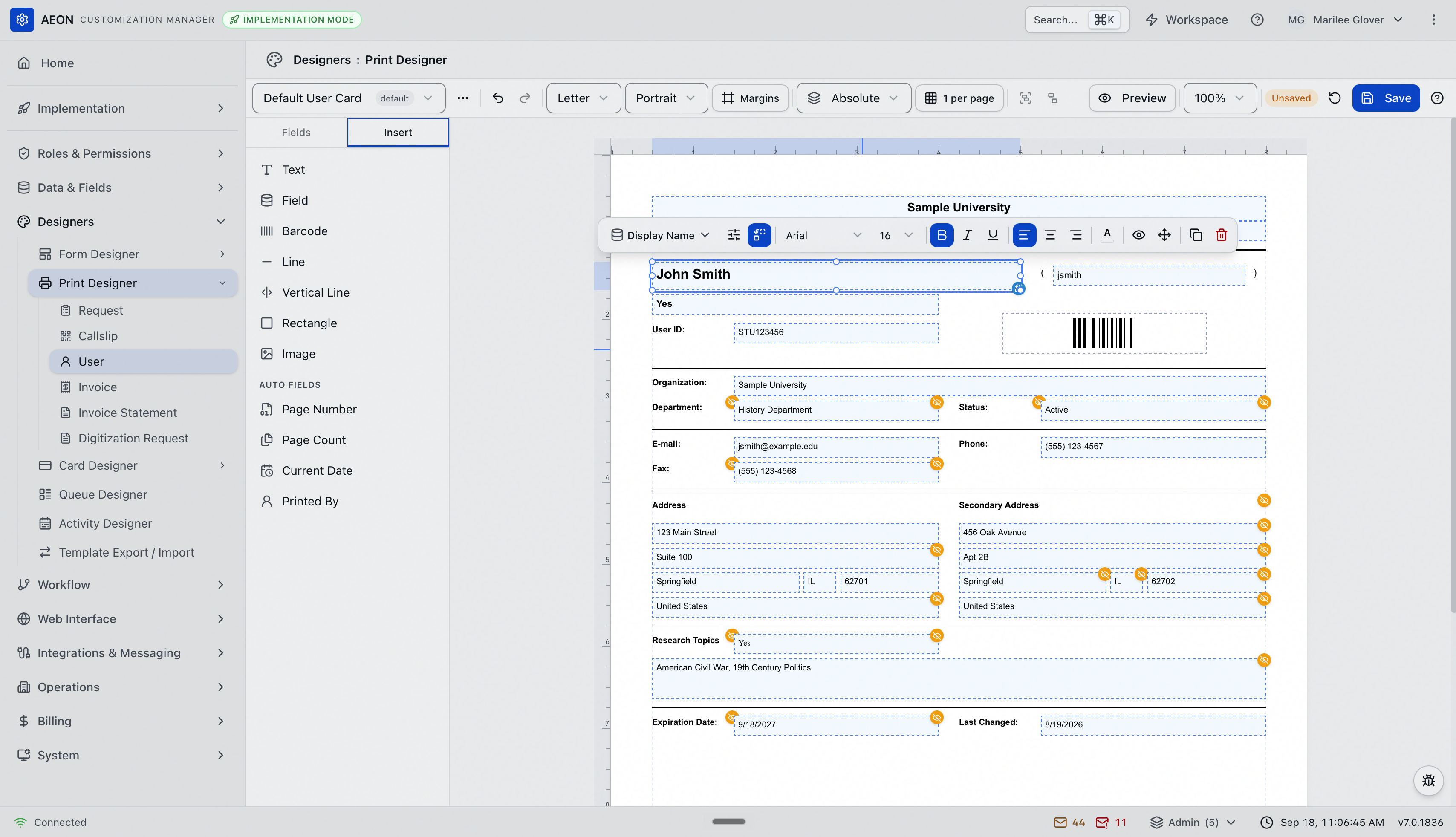 The user print designer with the Insert tab open: User selected under Print Designer in the left navigation, a toolbar carrying Margins and the Absolute layout mode, and the Insert palette listing Text, Field, Barcode, Line, Vertical Line, Rectangle and Image followed directly by an Auto Fields group, with no Tables group
