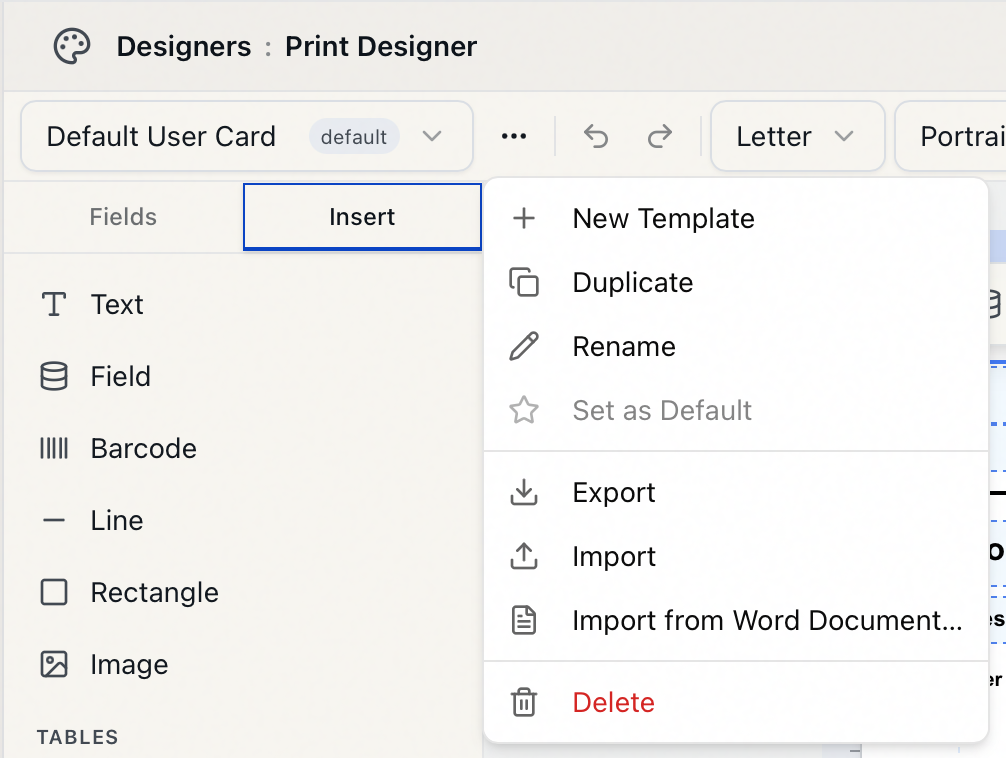 The user template menu listing New Template, Duplicate, Rename, a grayed-out Set as Default, Export, Import, Import from Word Document, and Delete