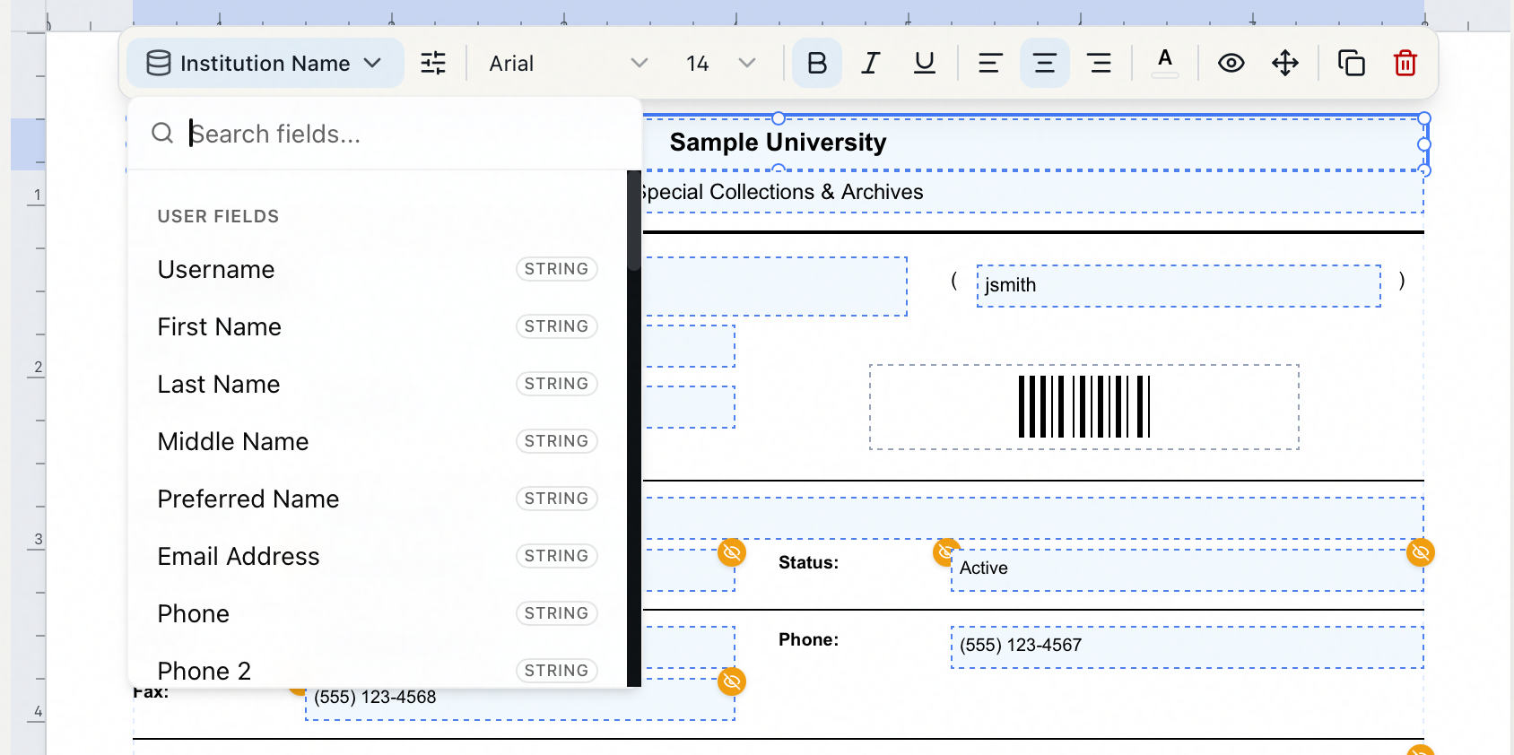 The searchable field picker opened from a selected field's field button, listing User Fields with data-type badges