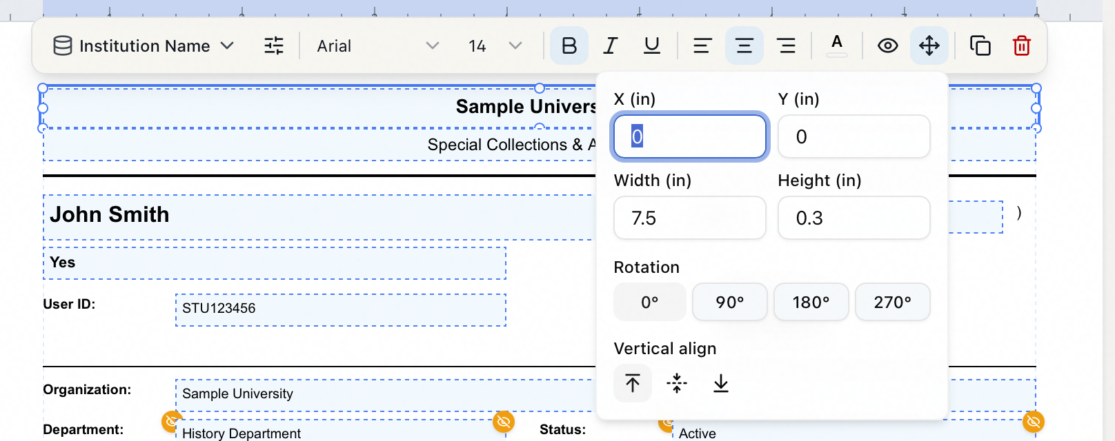 The Position and size popover on a selected element, with X, Y, Width and Height in inches, Rotation presets, and vertical alignment buttons