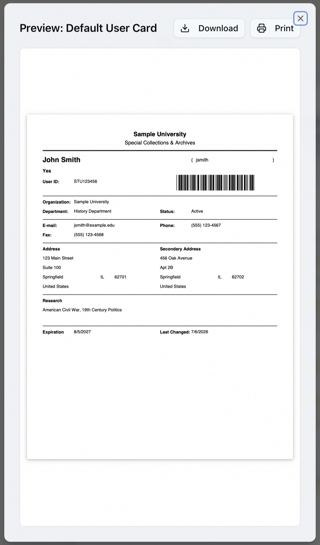 The Preview: Default User Card dialog rendering the user card to PDF with Download and Print buttons, showing sample data for John Smith