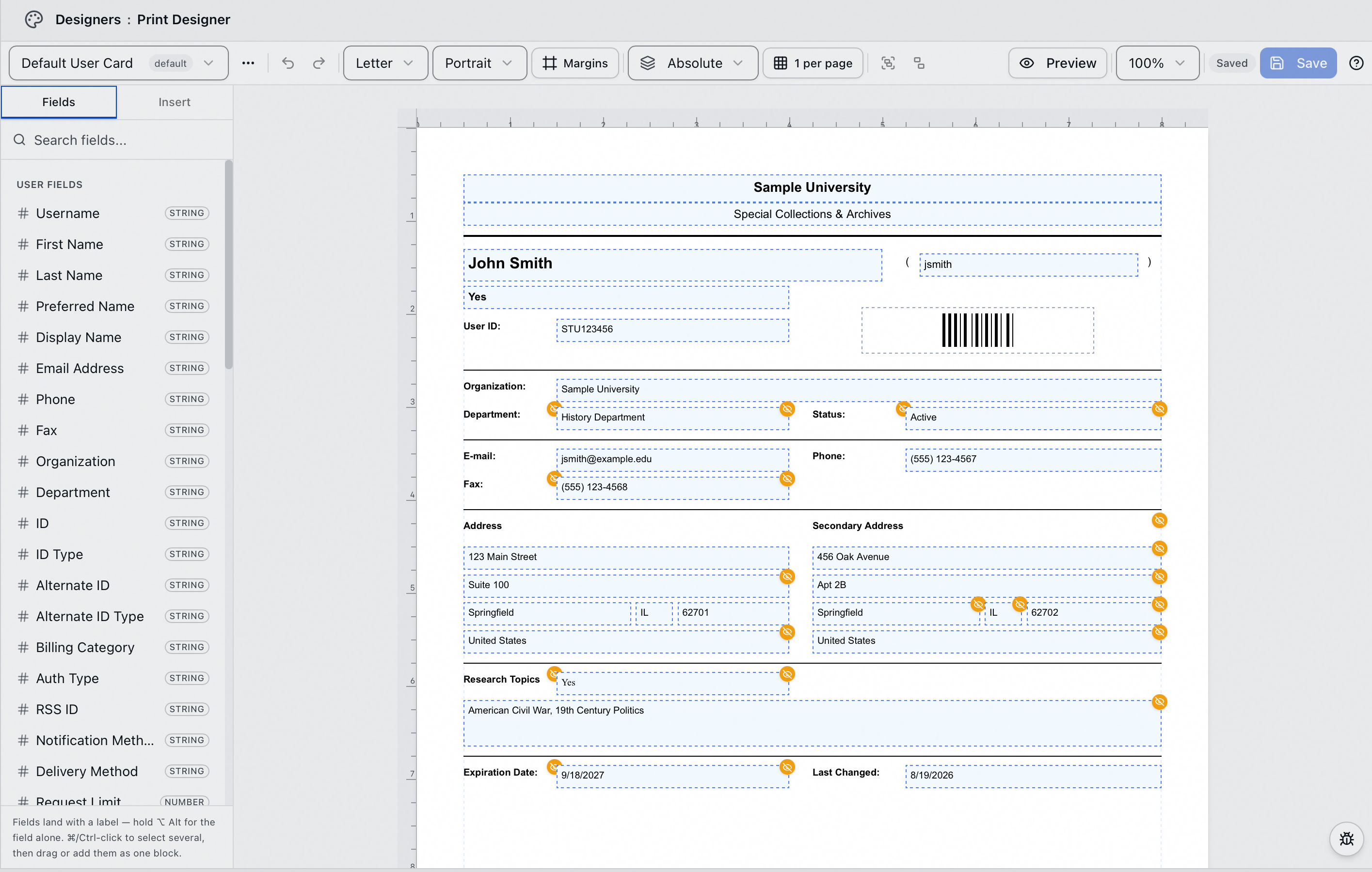 The Print Designer editing the Default User Card: a toolbar carrying page size, orientation, Margins and the Absolute layout mode, the Fields tab listing user fields with data-type badges, and the card on the canvas with amber markers on conditional fields