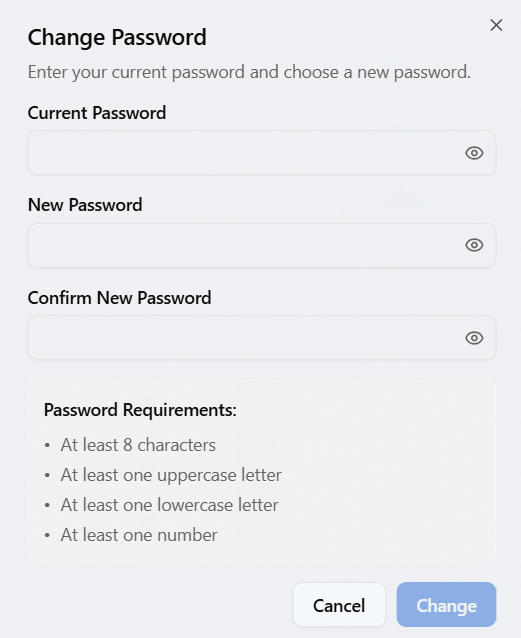Aeon 7 Change Password dialog showing the Current, New, and Confirm Password fields and the Password Requirements list