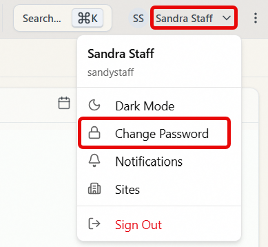 Aeon 7 staff user menu open in the top-right, with the Change Password option highlighted