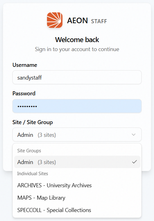 Aeon 7 staff Sign in screen with the Site / Site Group selector expanded, showing Site Groups and Individual Sites