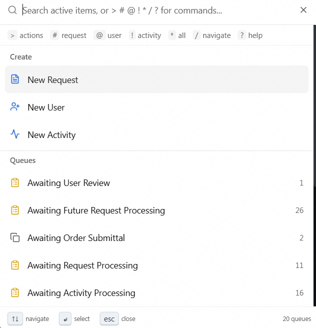 The Aeon 7 command palette open showing the prefix-hint row (> actions, # request, @ user, ! activity, * all, / navigate, ? help), Create options, and recent Queues.