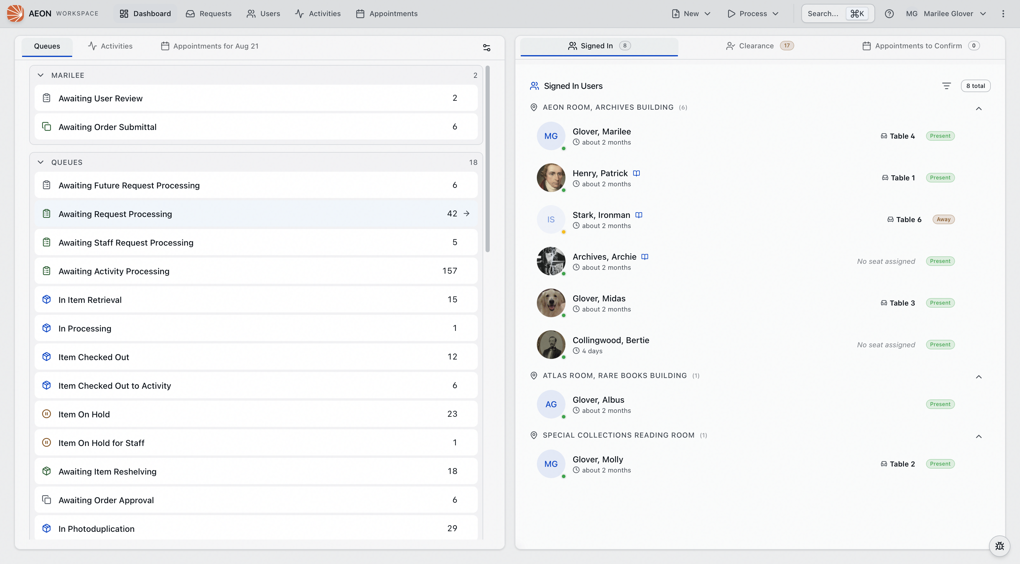The Aeon 7 dashboard — Queue Overview on the left with a custom MARILEE category above the queue list, and the Signed In panel on the right showing users across three reading rooms