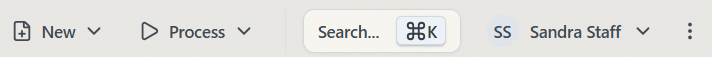 Right side of the Aeon 7 workspace top navigation bar: the New and Process dropdowns, the Search button with its Cmd+K / Ctrl+K shortcut, the user menu, and the more (three-dot) menu.