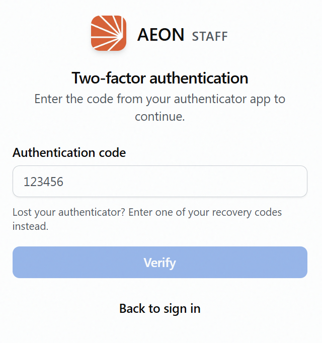 Two-factor authentication code entry at sign-in, with the Authentication code field, the reminder that a recovery code can be used if the authenticator is lost, and the Verify button