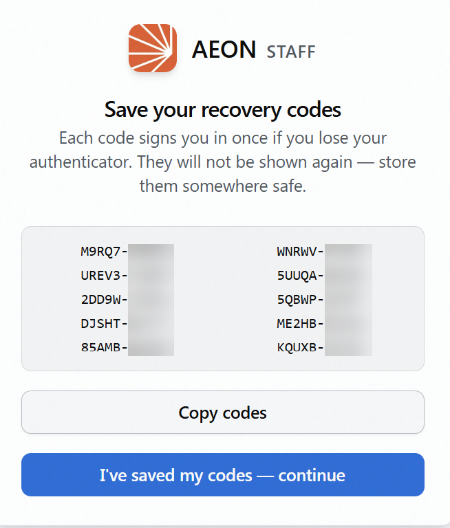 Save your recovery codes screen showing ten single-use codes in two columns with the second half of each code obscured, above the Copy codes button and the I have saved my codes confirmation