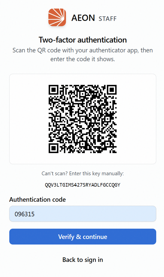 Two-factor authentication setup screen with the QR code, the manual entry key, an authentication code entered, and the Verify and continue button