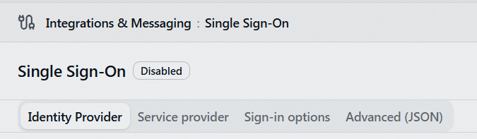 The Single Sign-On page's four tabs: Identity Provider, Service provider, Sign-in options, and Advanced (JSON)