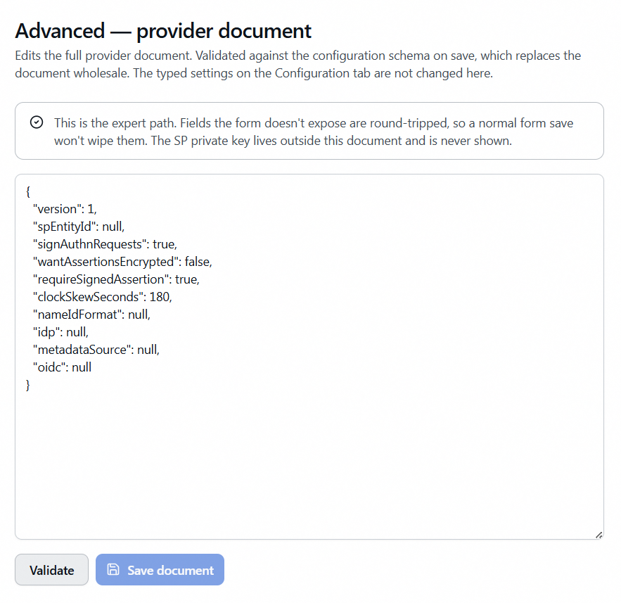 Advanced provider document tab showing the expert-path notice and the default provider document JSON