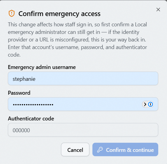 Confirm emergency access dialog asking for the emergency administrator's username, password, and authenticator code