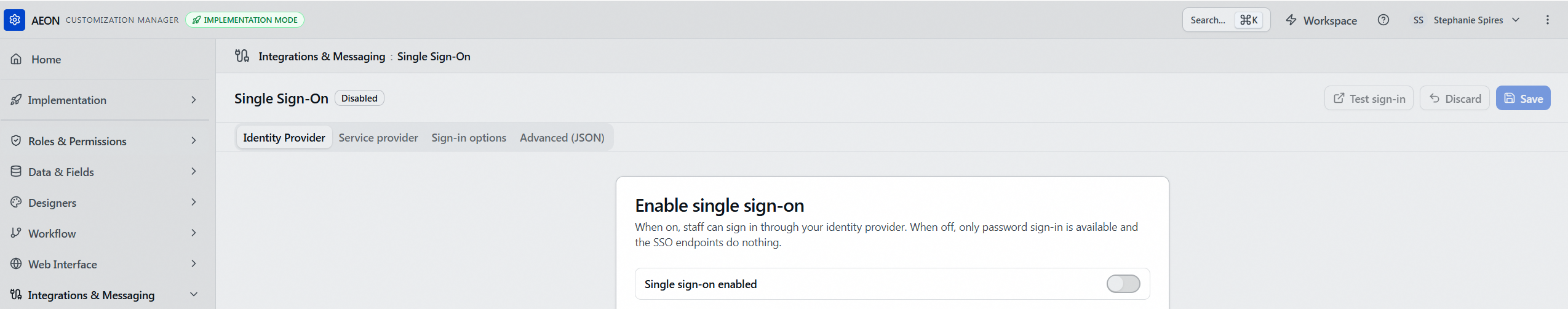 Aeon 7 Customization Manager Single Sign-On page showing the Disabled badge, Test sign-in and Save buttons, the four tabs, and the Enable single sign-on card