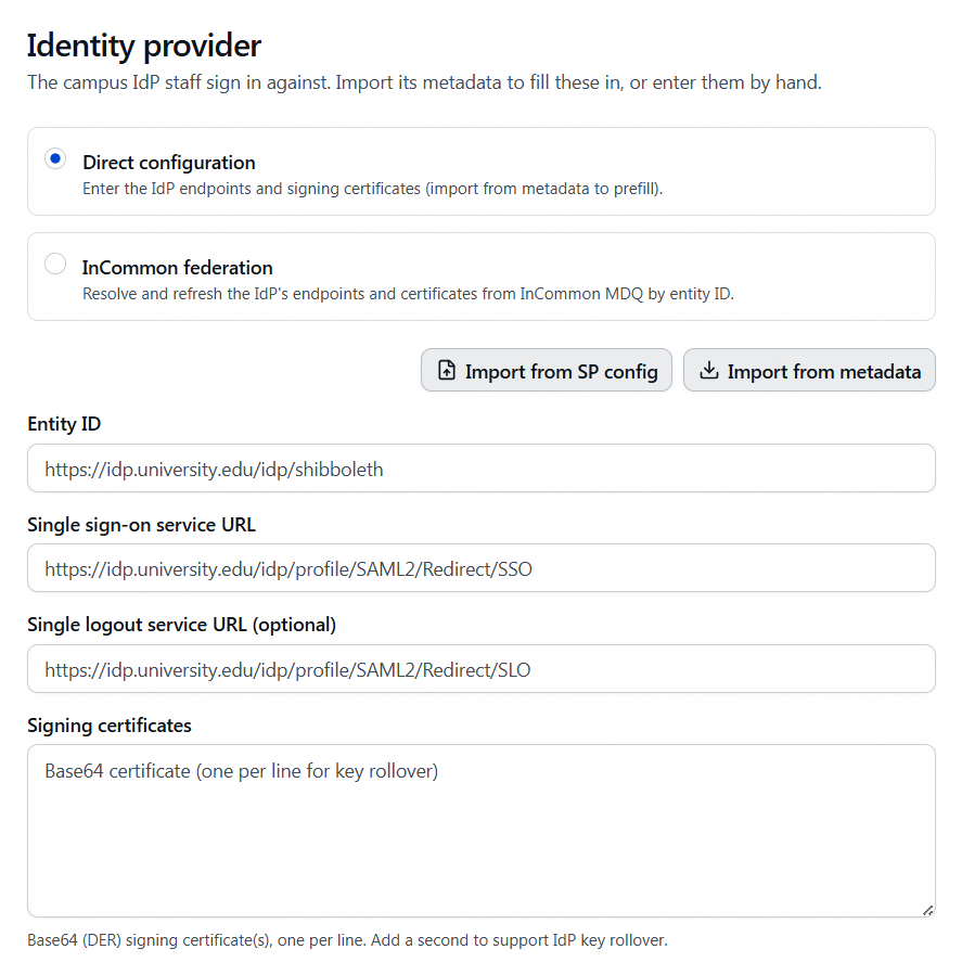 Identity provider card for SAML showing the Direct configuration and InCommon federation options, the Import from SP config and Import from metadata buttons, and the Entity ID, Single sign-on service URL, Single logout service URL and Signing certificates fields