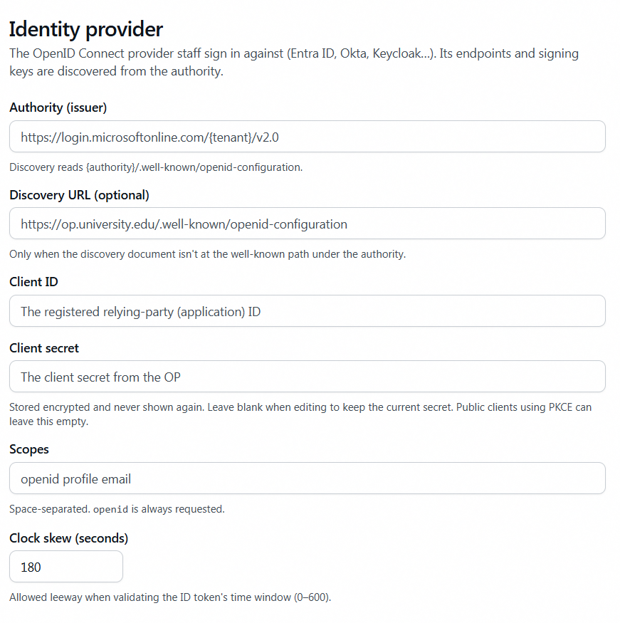 OpenID Connect identity provider card showing the Authority, Discovery URL, Client ID, Client secret, Scopes and Clock skew fields with their default values