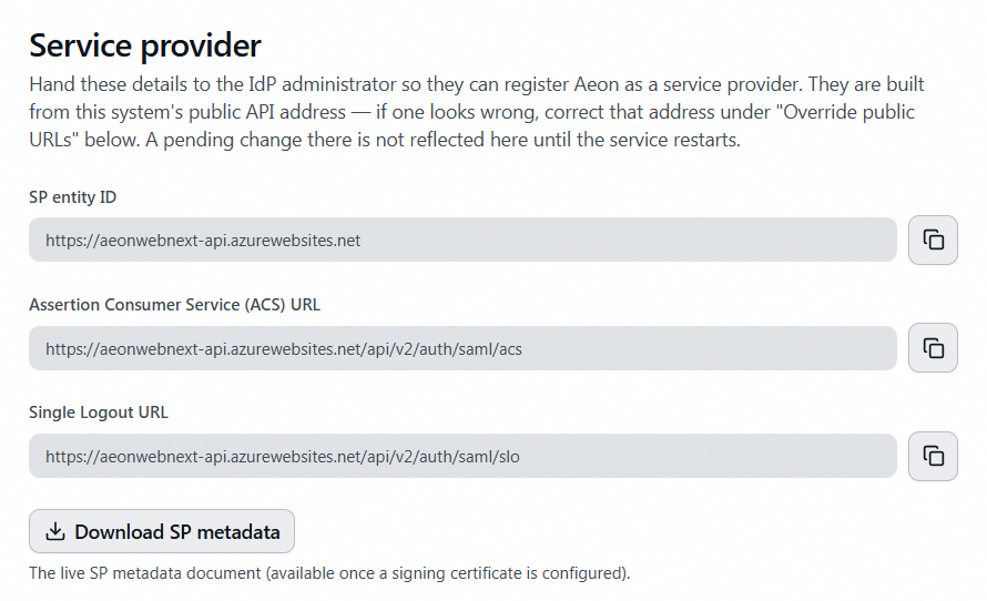 Service provider card showing the read-only SP entity ID, Assertion Consumer Service (ACS) URL and Single Logout URL copy fields, with the Download SP metadata button below them