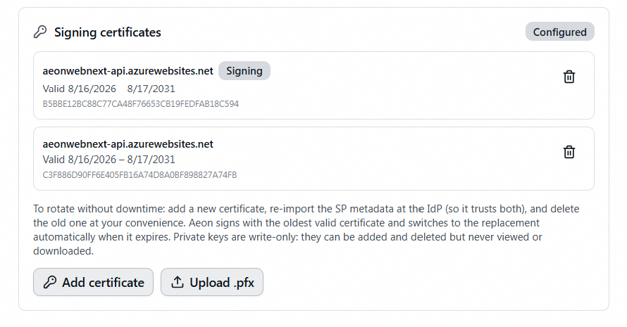 Signing certificates panel marked Configured, listing two certificates with the older one badged Signing, above the rotation guidance and the Add certificate and Upload .pfx buttons