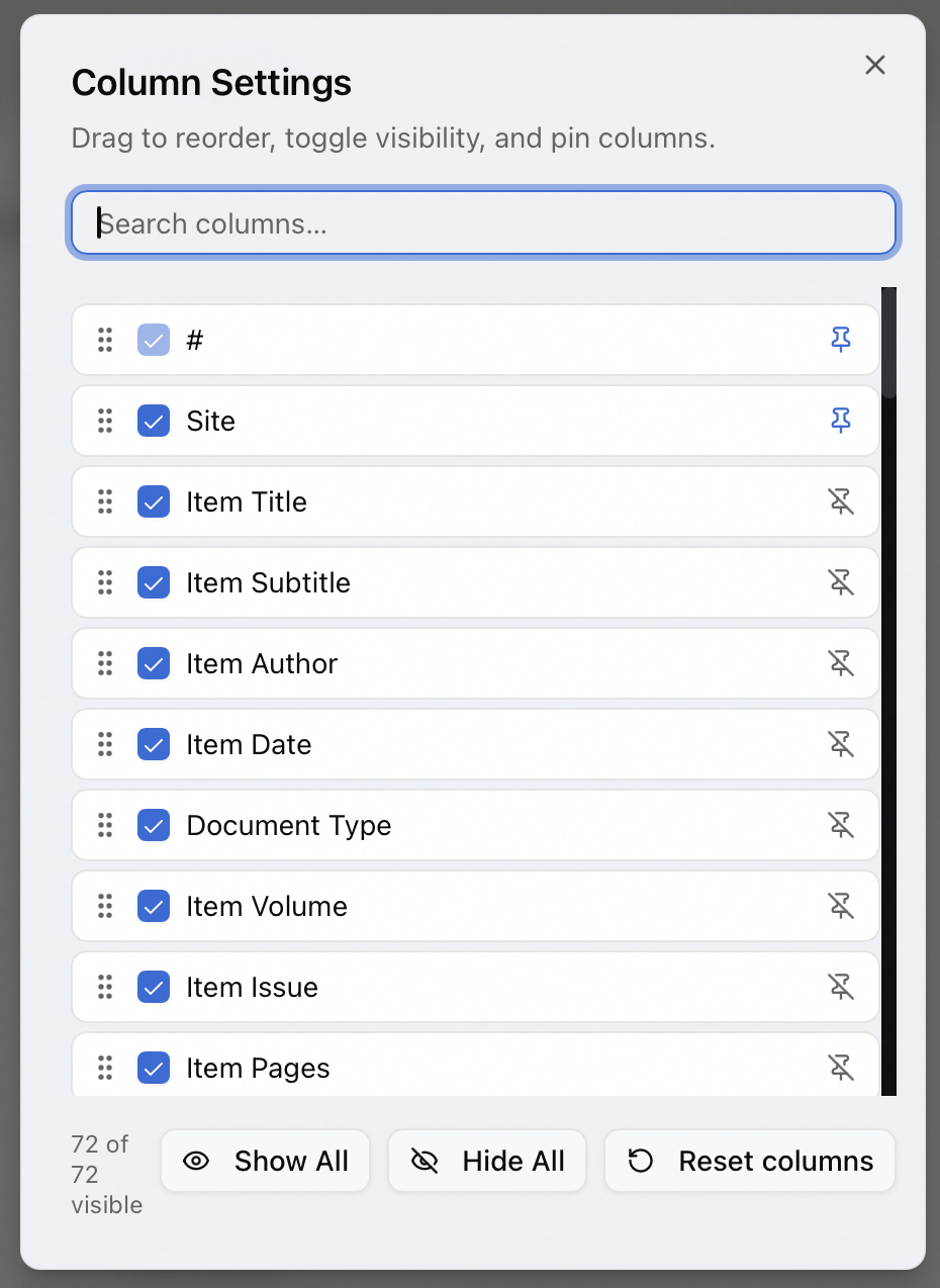The Column Settings panel for searching, reordering, showing or hiding, and pinning grid columns, with Show All, Hide All, and Reset columns buttons