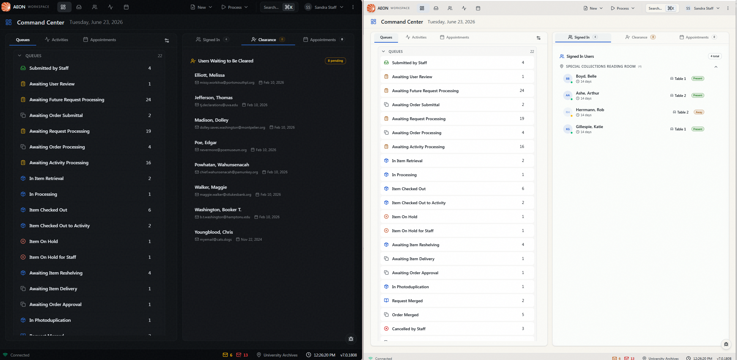 The Aeon Command Center shown side by side in dark mode (left) and light mode (right)