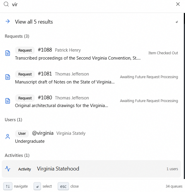 A command palette search returning grouped results under Requests, Users, and Activities headings, with a "View all results" row at the top.