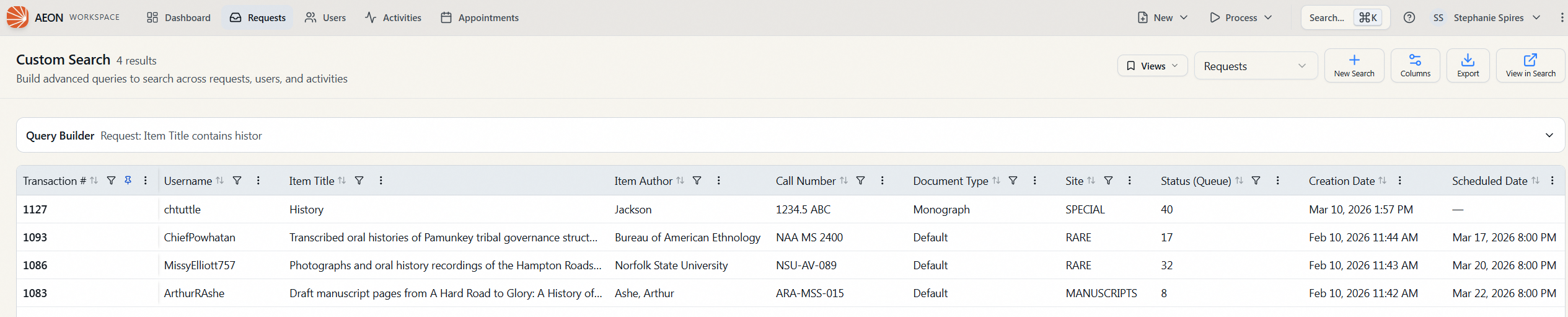 The Custom Search screen with a collapsed Query Builder summary above the results table, and the toolbar showing the Views, record-type selector, New Search, Columns, Export, and View in Search buttons.