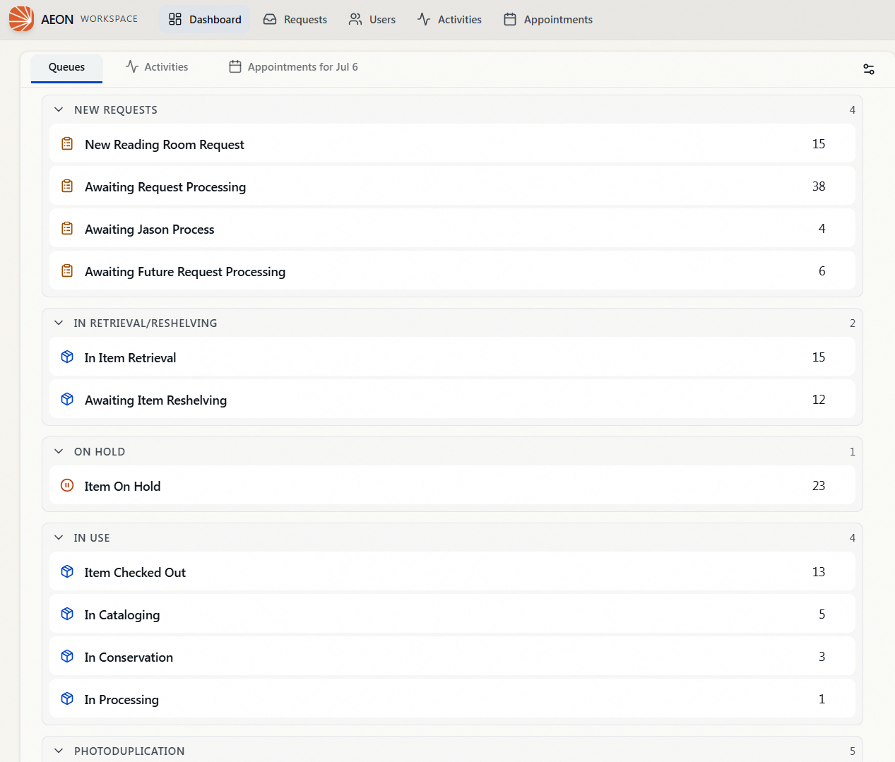 The Dashboard overview card with its Queues, Activities, and Appointments tabs; the Queues tab lists queues grouped by status with live request counts.