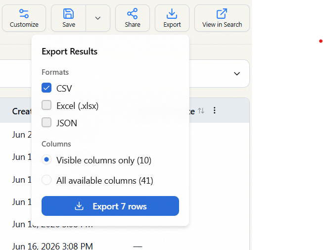 The Export Results popover: CSV, Excel (.xlsx), and JSON format options, a visible-columns vs all-columns choice, and the Export rows button.