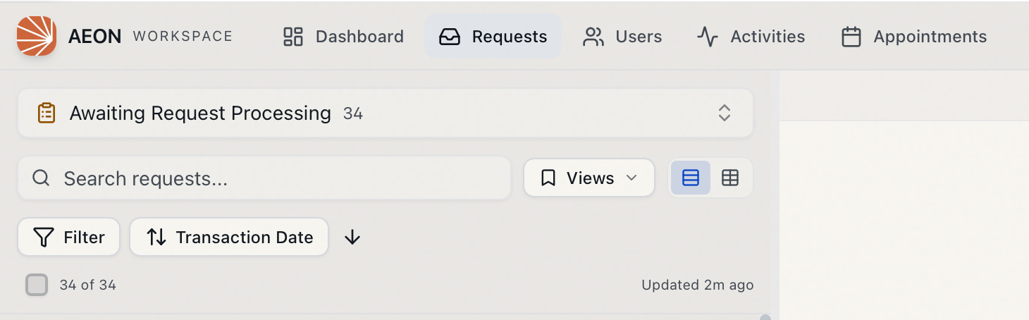 A request queue in Card view, showing the Views button and the Cards and Grid view toggle in the list header