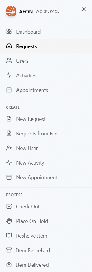 The mobile slide-out navigation menu: the area links (Dashboard, Requests, Users, Activities, Appointments) above Create and Process sections.