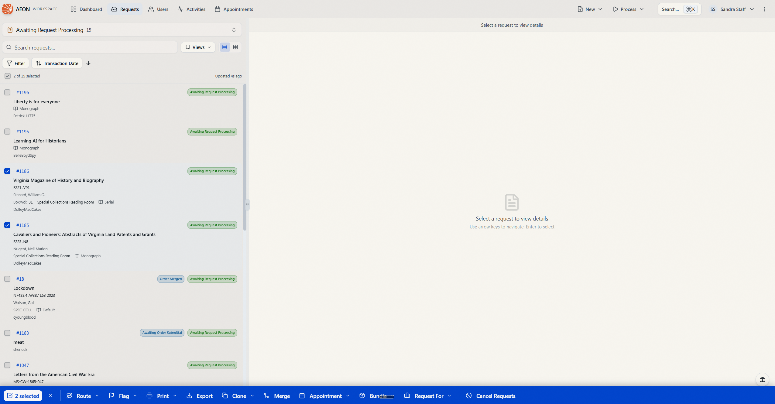 A request queue in card view with two requests checked and the floating bulk-action bar across the bottom, showing the Route, Flag, Print, Export, Clone, Merge, Appointment, Bundle, Request For, and Cancel Requests buttons