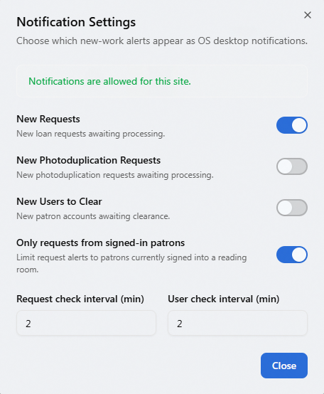 The Notification Settings dialog, with toggles for New Requests, New Photoduplication Requests, and New Users to Clear, an option to limit alerts to signed-in patrons, and request and user check interval fields