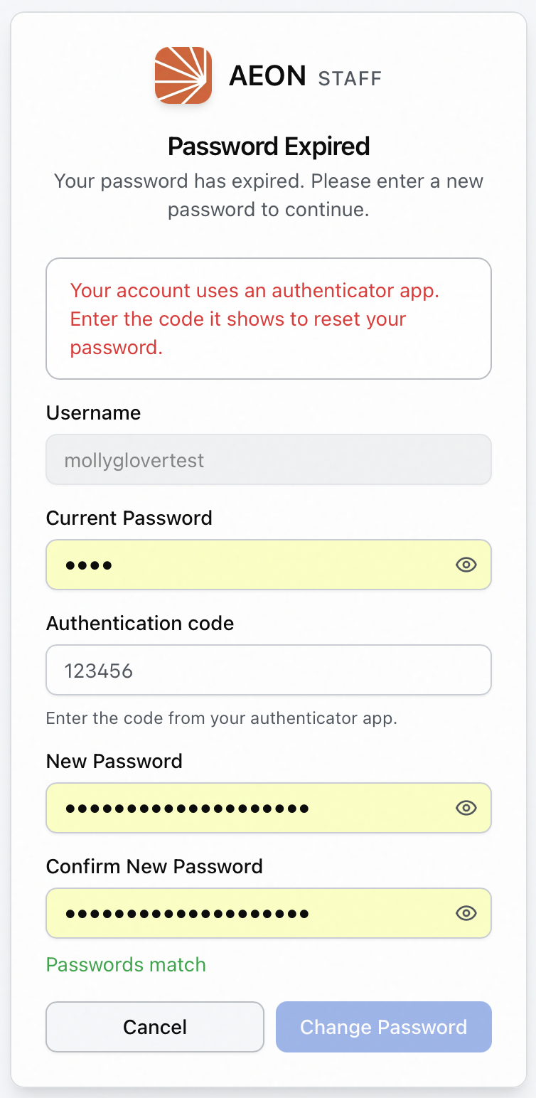 Aeon 7 Password Expired screen for an authenticator-enrolled account, showing the Authentication code field added after the first submit