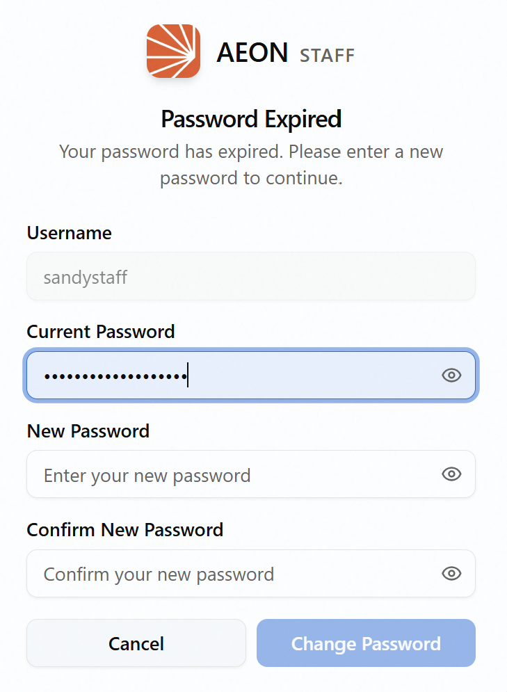 Aeon 7 staff Password Expired screen with Current Password, New Password, and Confirm New Password fields and the Change Password button