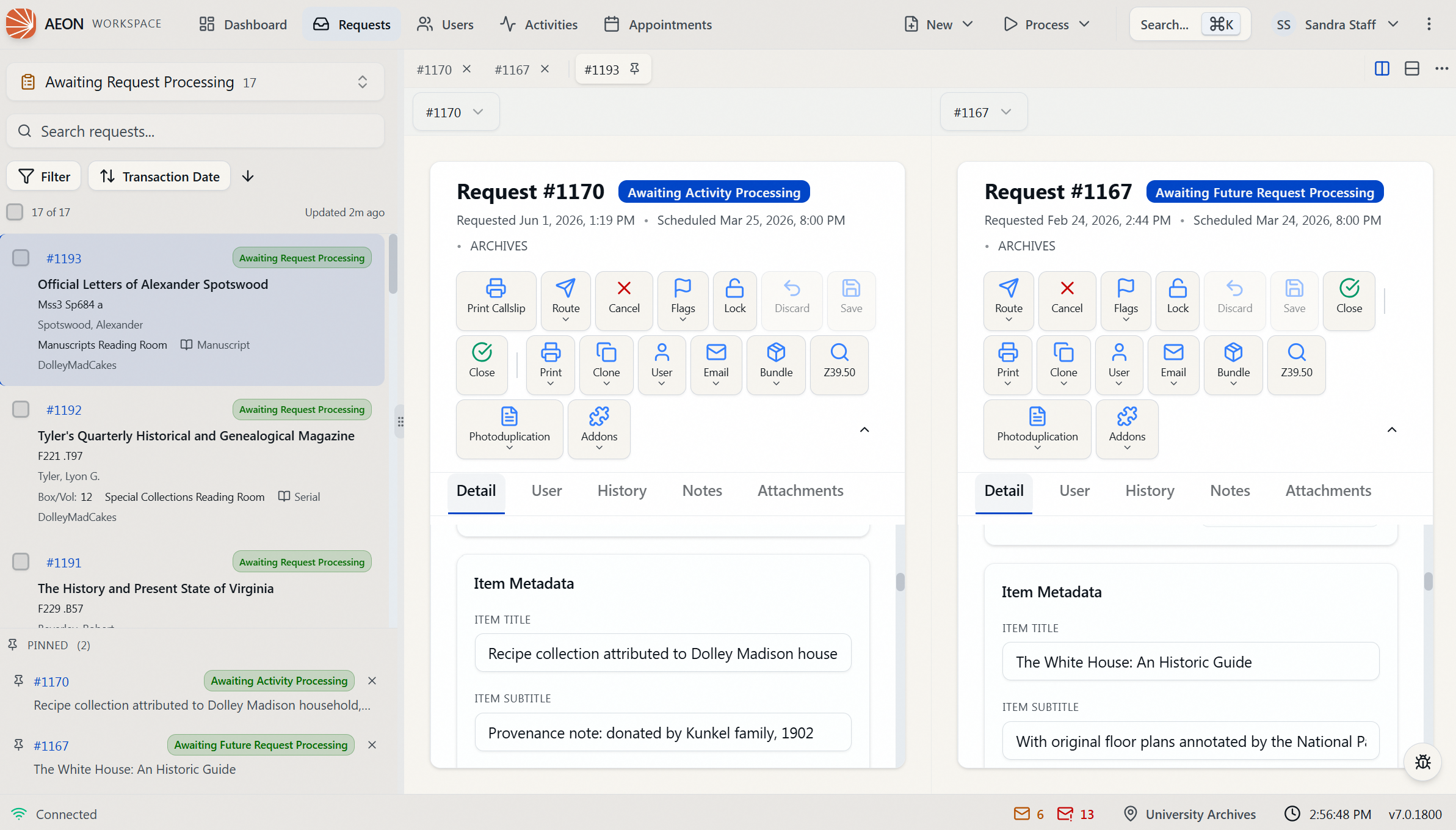 Split view comparing two pinned requests side by side — Request #1170 on the left and #1167 on the right — each pane with its own Detail sub-tab.
