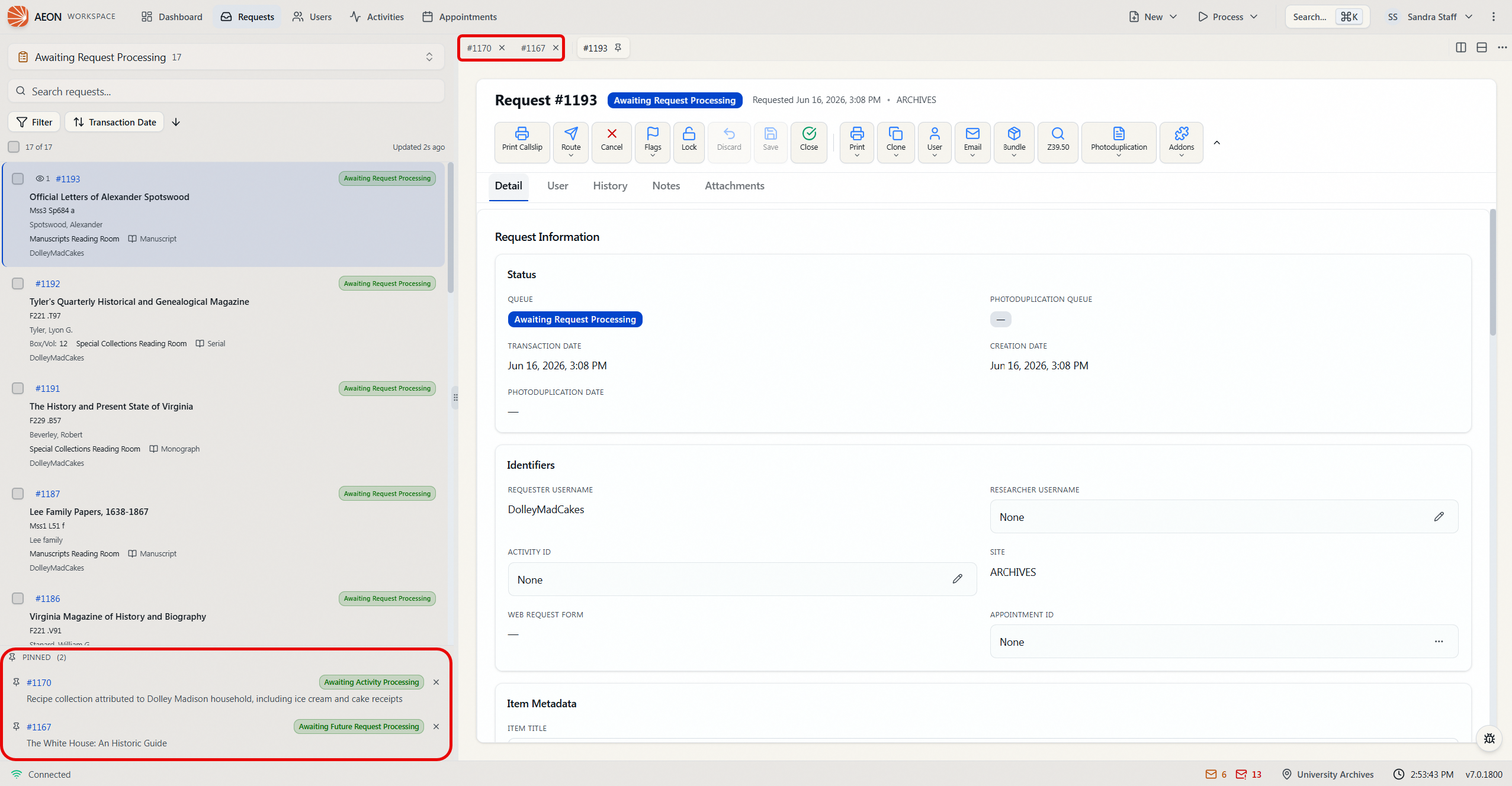 The Pinned section at the bottom of the left-hand request list, listing two pinned requests that are not in the current queue, each with a status badge.