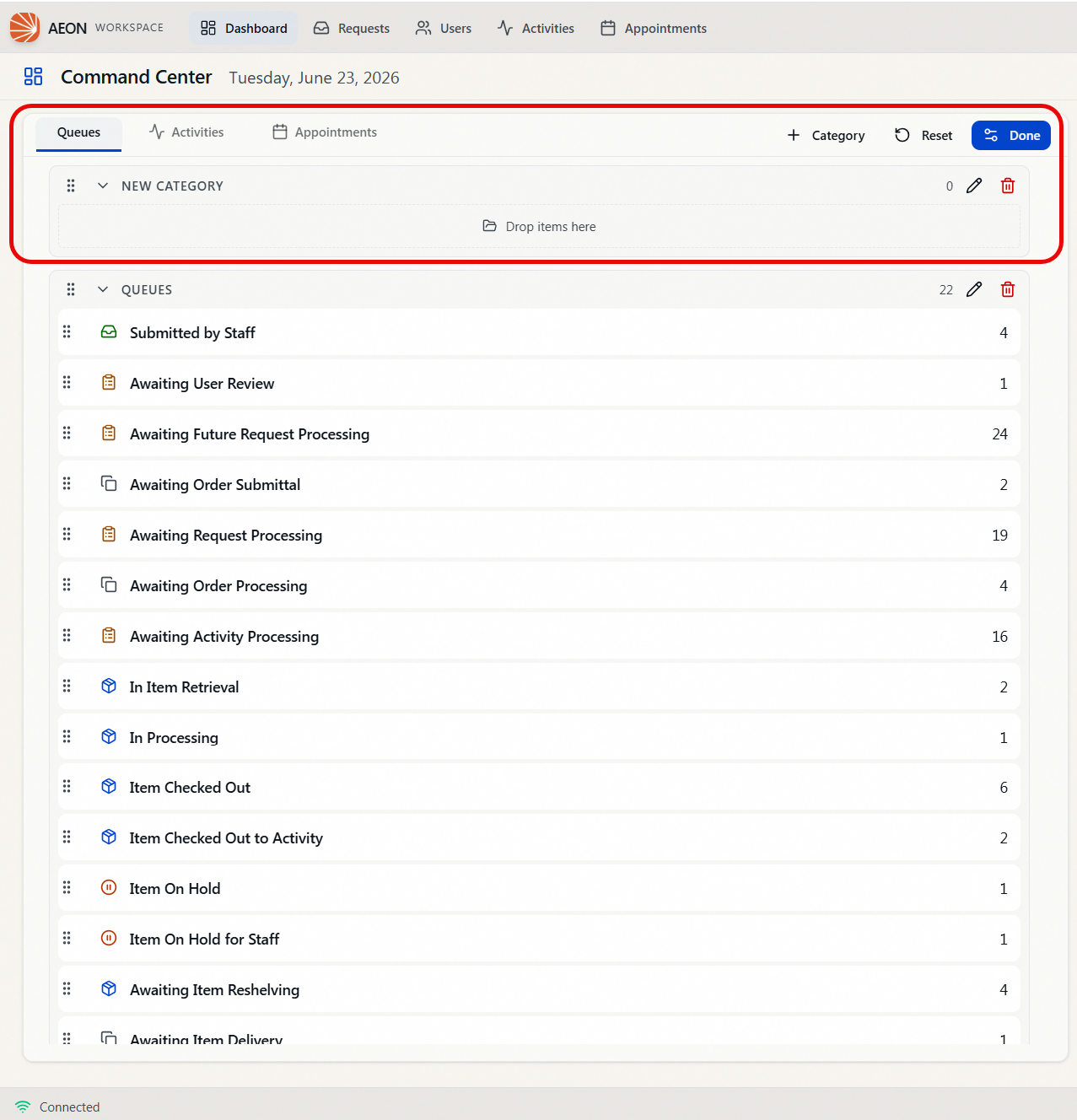 The dashboard Queue Overview in Customize mode, showing the Category, Reset, and Done controls, a new-category drop zone, and draggable queue rows