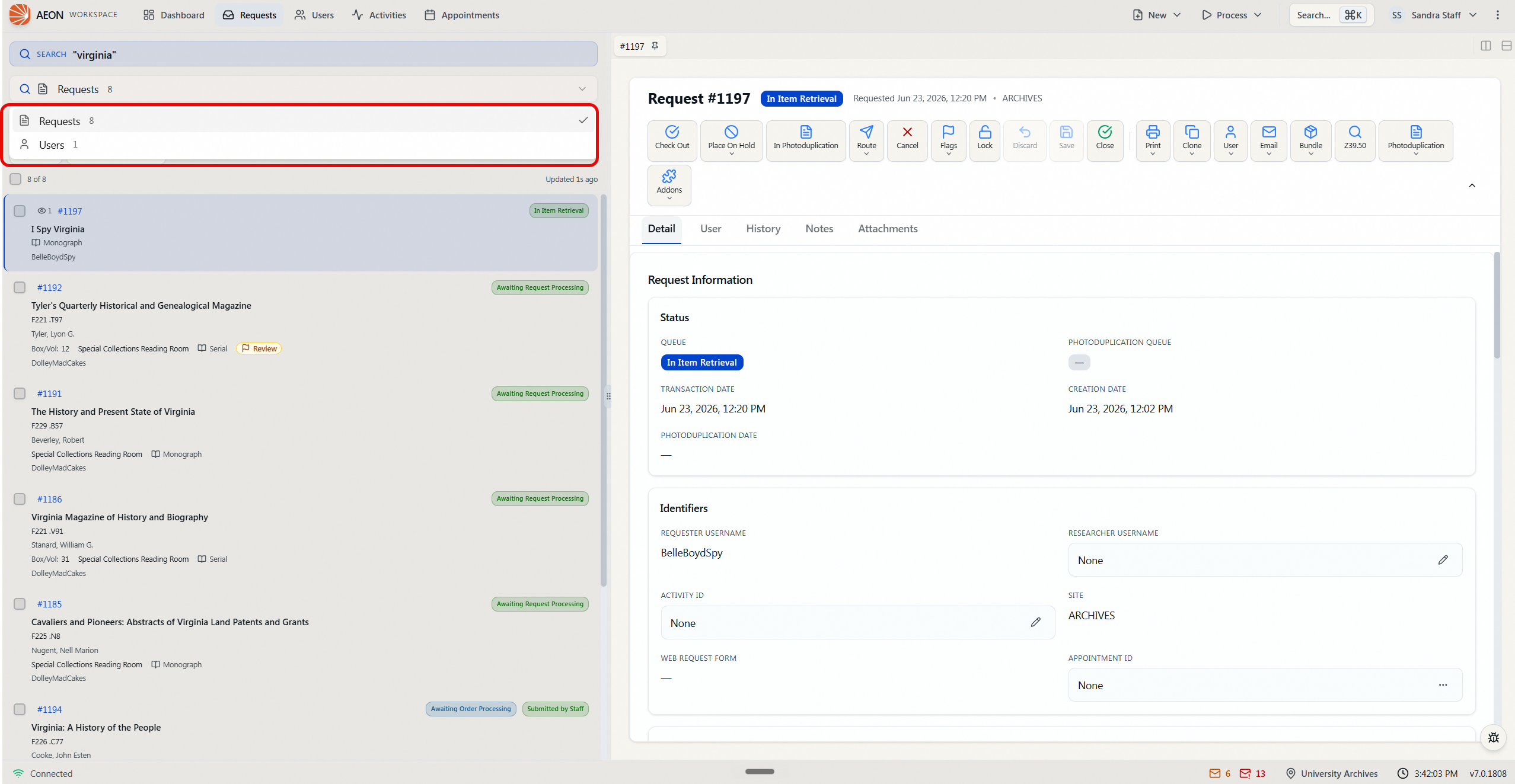 The Search page split layout: the result-type dropdown (Requests / Users) and the matching requests list on the left, with the selected request's detail open on the right.