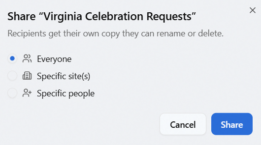 The Share dialog for a saved view, offering Everyone, Specific site(s), and Specific people.
