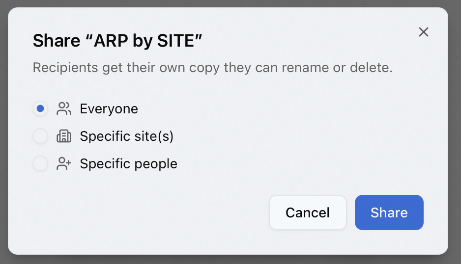 The Share a View dialog with Everyone, Specific sites, and Specific people recipient options