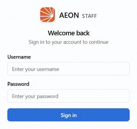 Aeon 7 staff Sign in screen showing the Username and Password fields and the Sign in button