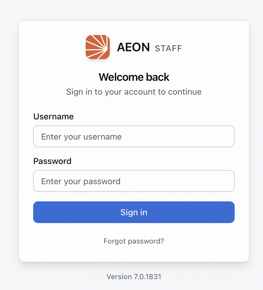 Aeon 7 staff Sign in screen showing the Username and Password fields, the Sign in button, and the Forgot password link
