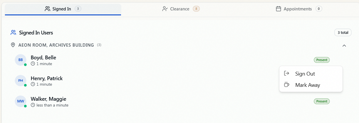 The Signed In tab on the dashboard with a researcher's actions menu open, showing Sign Out and Mark Away