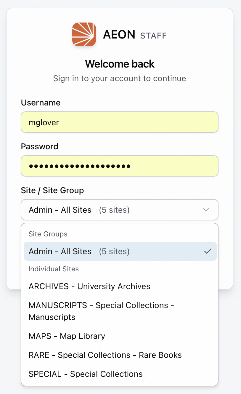 Aeon 7 staff Sign in screen with the Site / Site Group selector open, showing the Site Groups and Individual Sites headings
